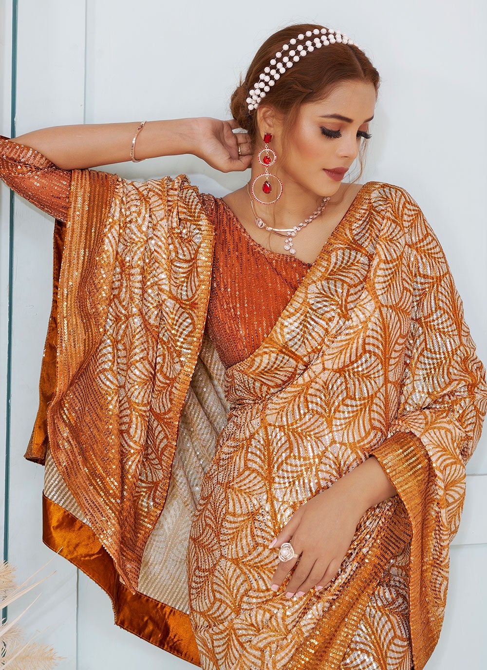Classic Imported Beige Sequins Saree