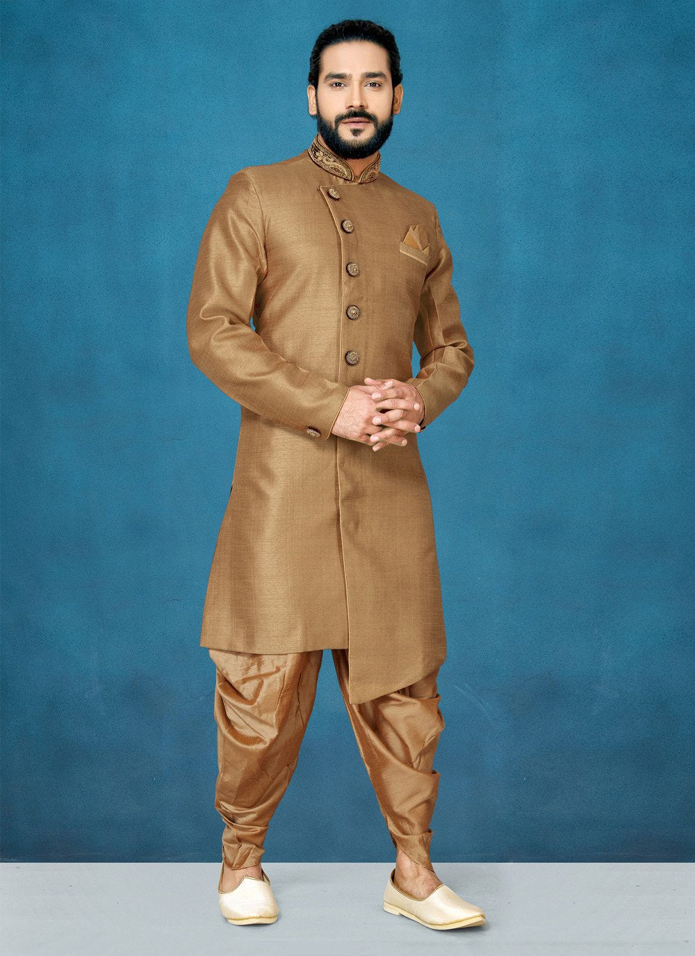 Indo Western Art Dupion Silk Beige Buttons Mens
