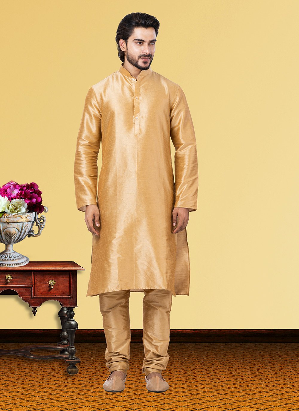 Kurta Pyjama Dupion Silk Beige Plain Mens