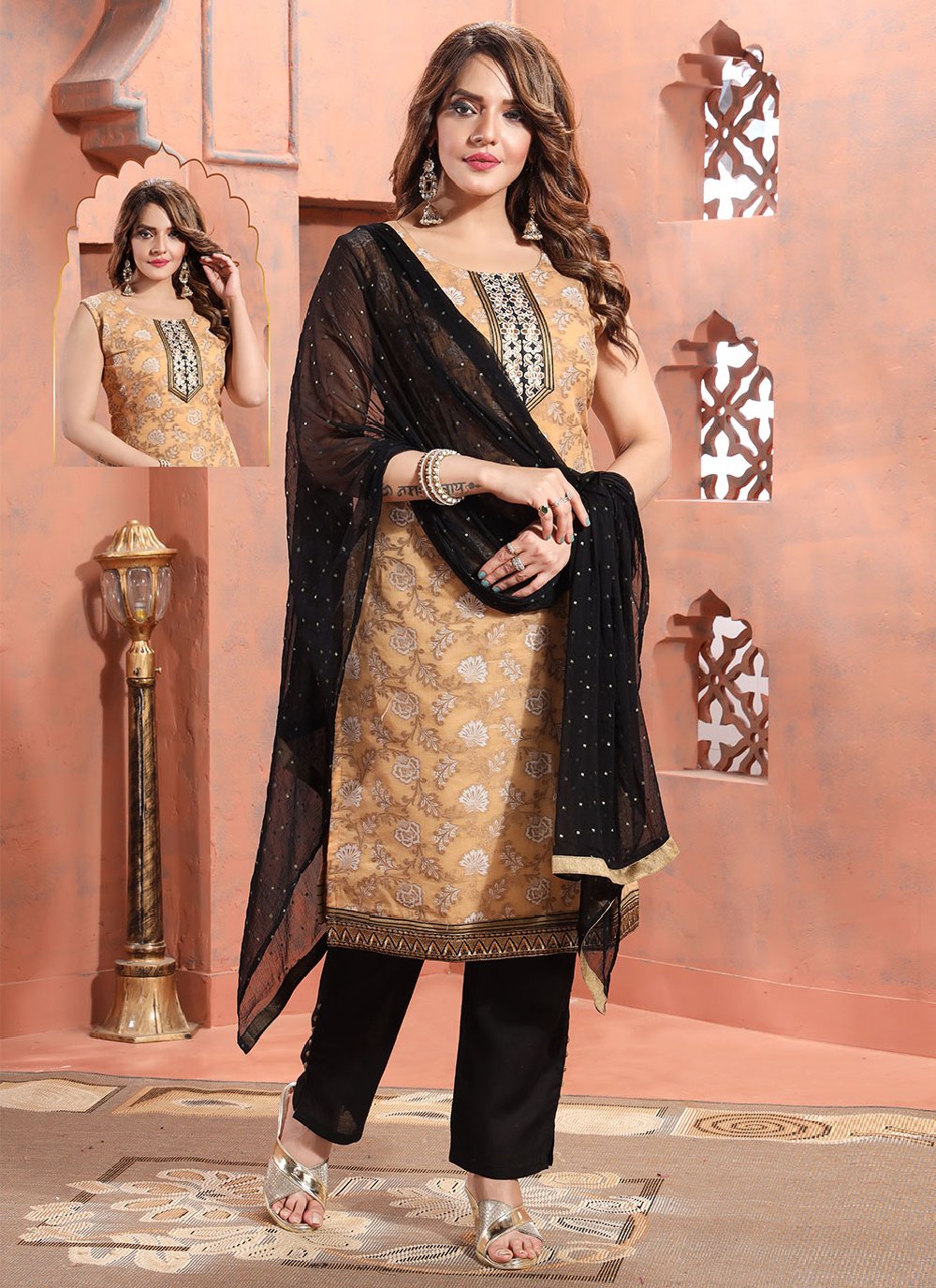 Salwar Suit Silk Beige Embroidered Salwar Kameez