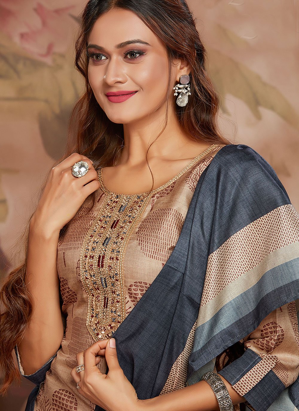 Straight Salwar Suit Poly Silk Tussar Silk Beige Digital Print Salwar Kameez