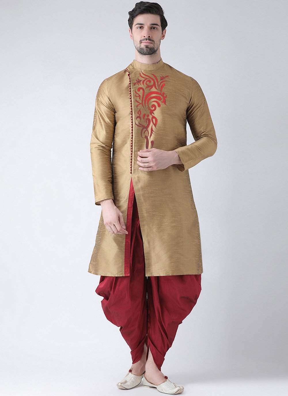 Angrakha Art Dupion Silk Beige Embroidered Mens