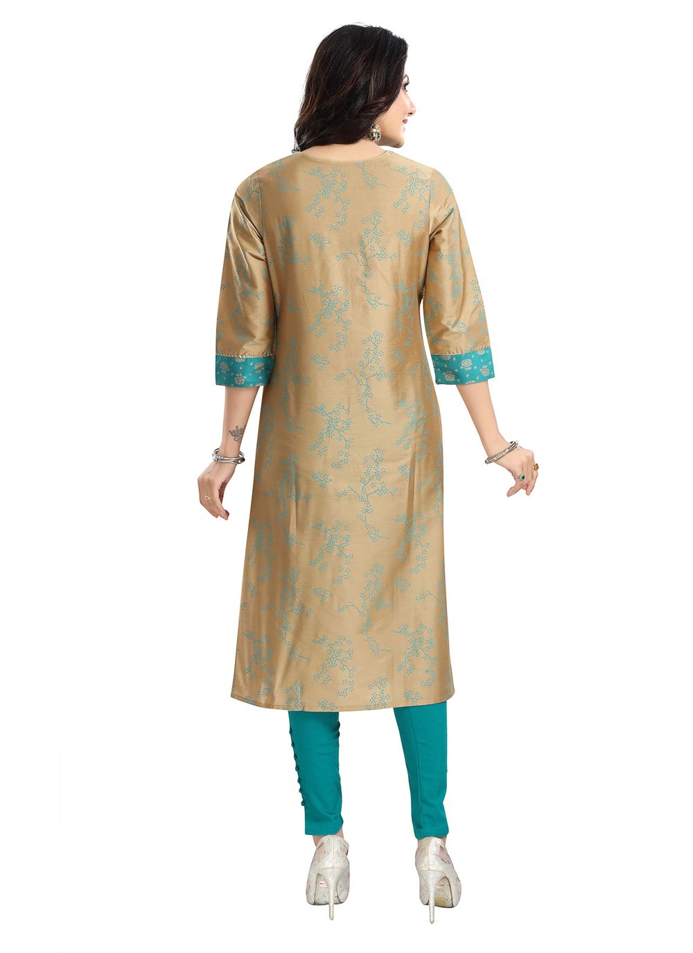 Casual Kurti Silk Blend Beige Fancy Work Kurtis