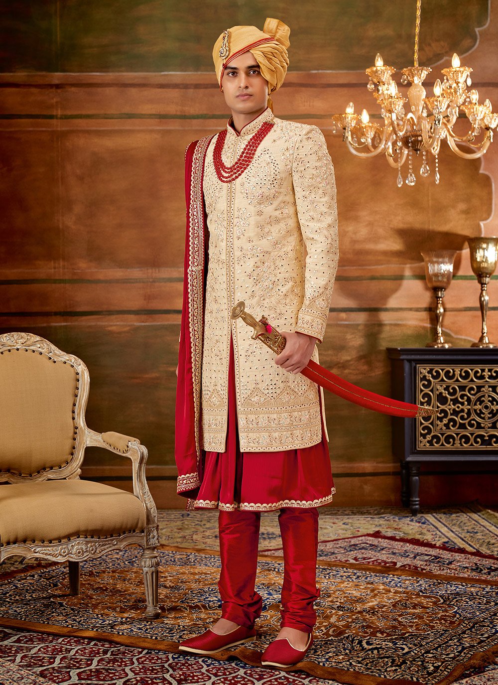 Sherwani Art Silk Beige Hand Work Mens