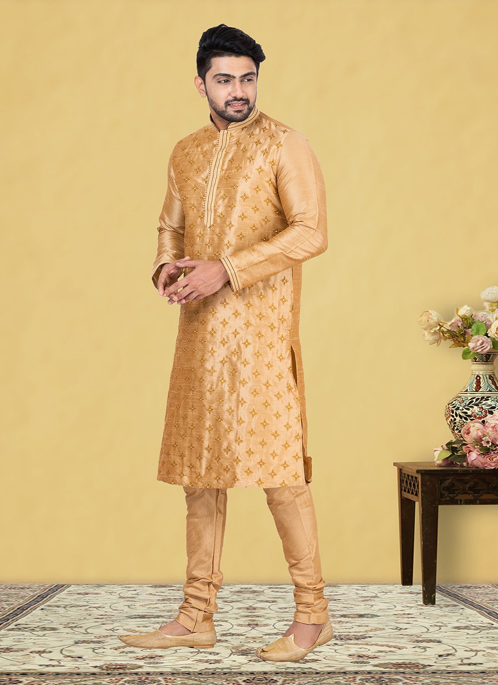 Kurta Pyjama Dupion Silk Beige Fancy Work Mens