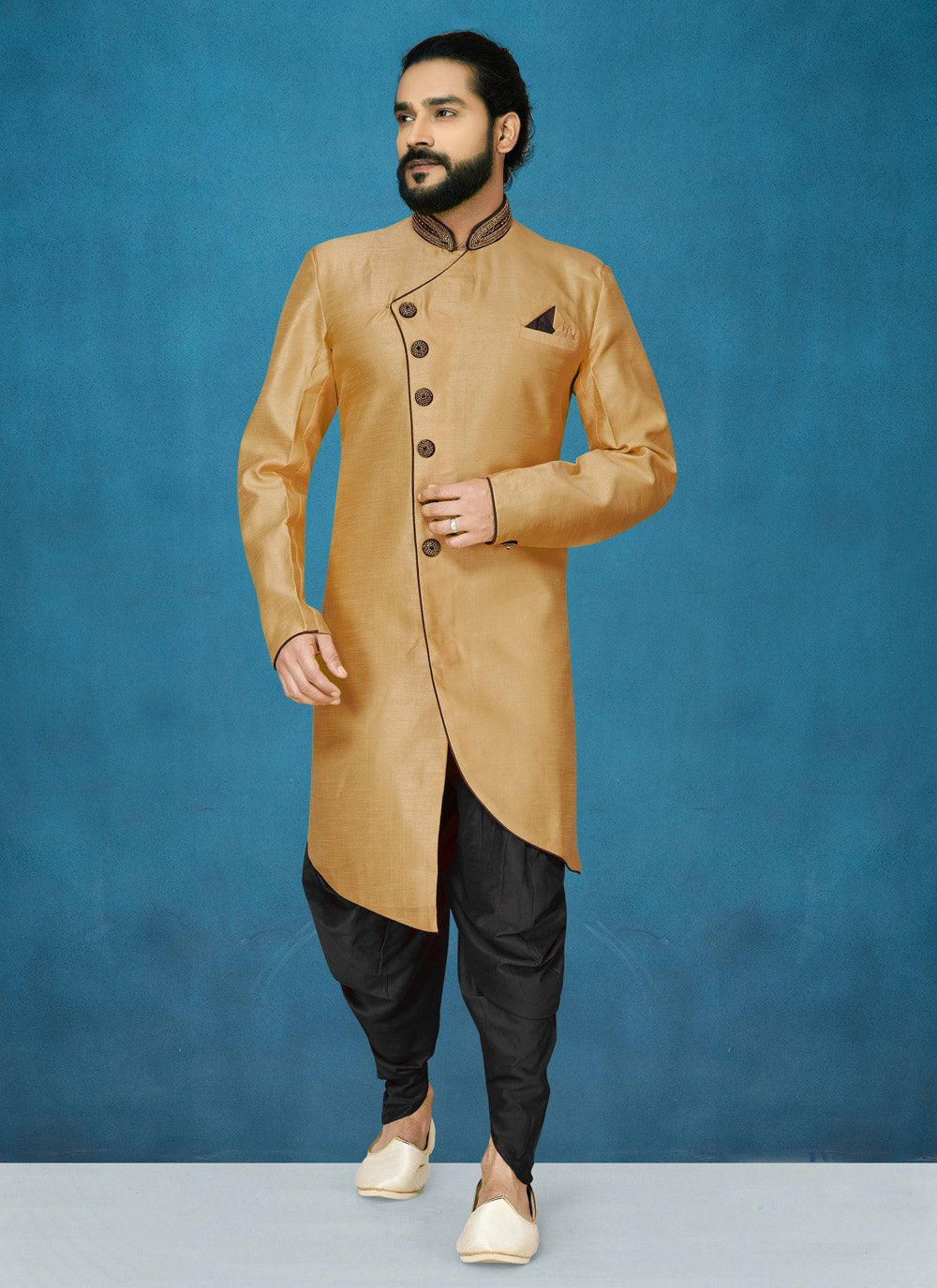 Indo Western Art Dupion Silk Beige Buttons Mens