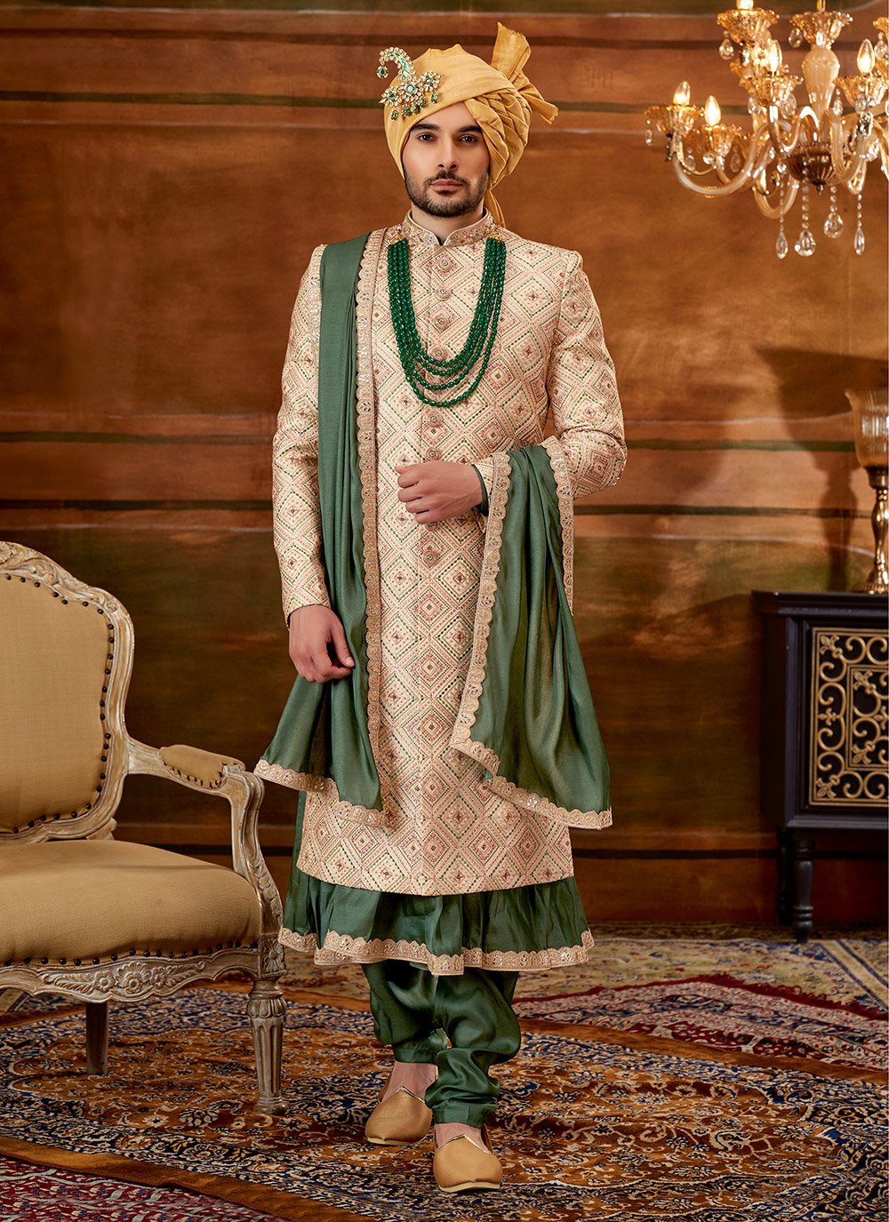 Sherwani Art Silk Beige Hand Work Mens