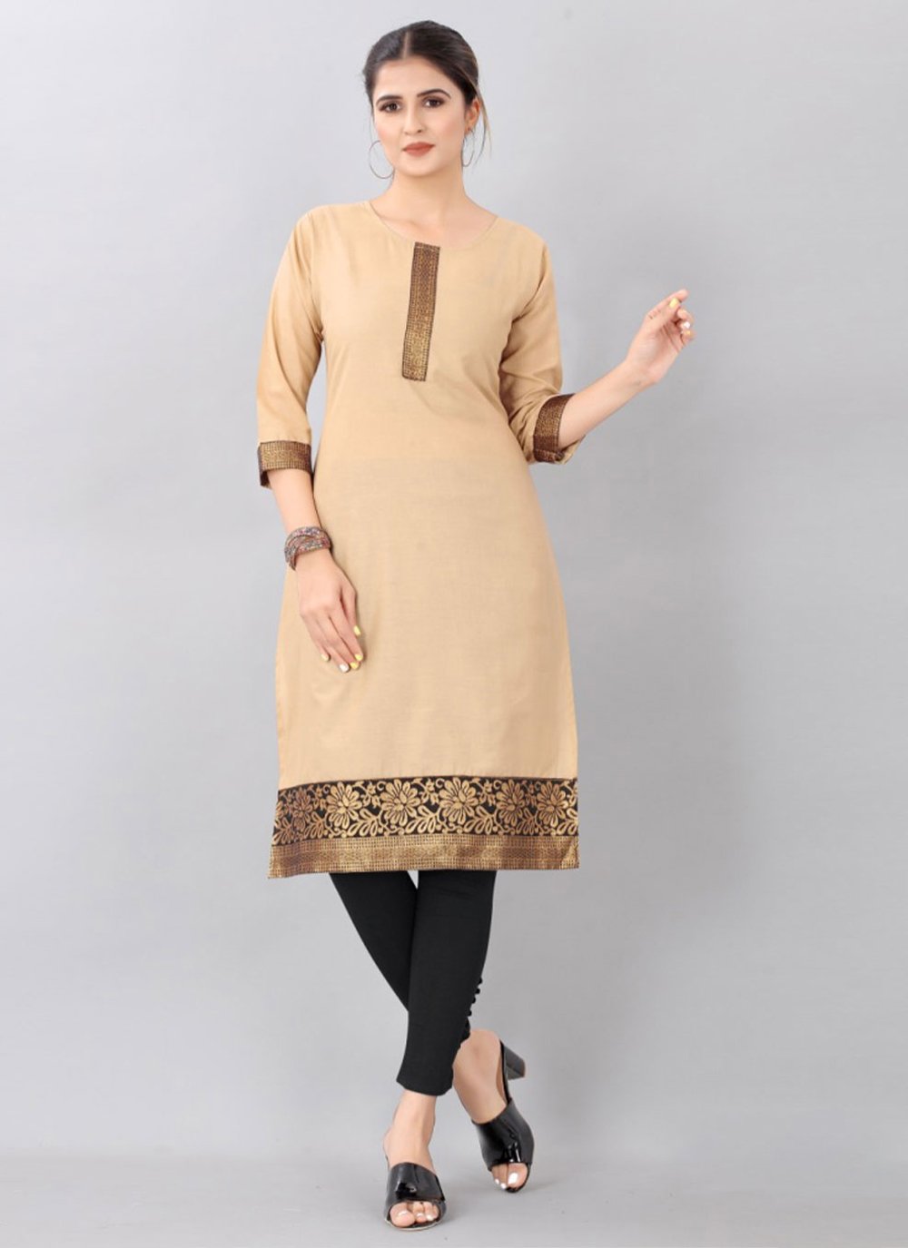 Casual Kurti Cotton Beige Jacquard Work Kurtis