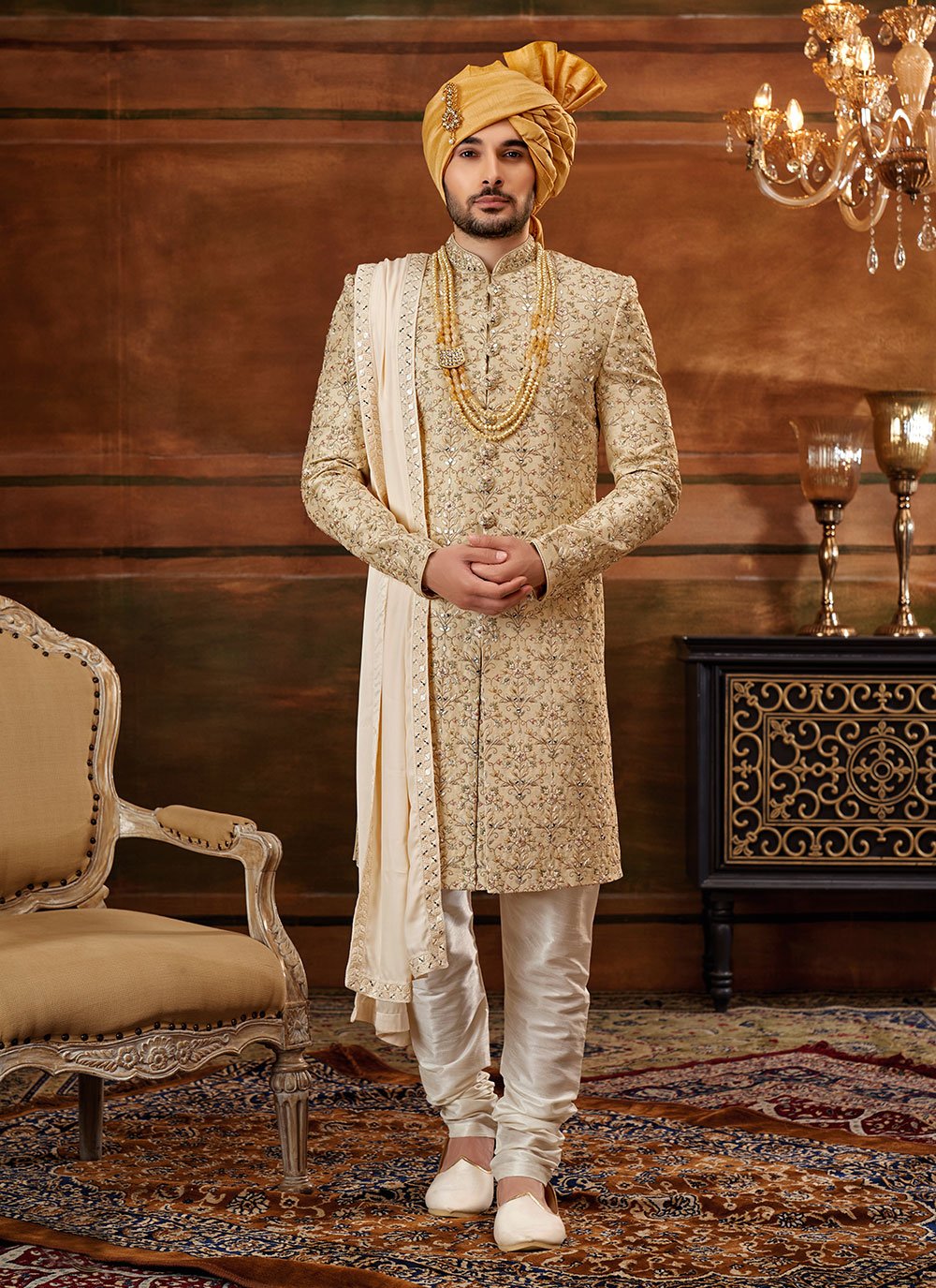Sherwani Art Silk Beige Hand Work Mens