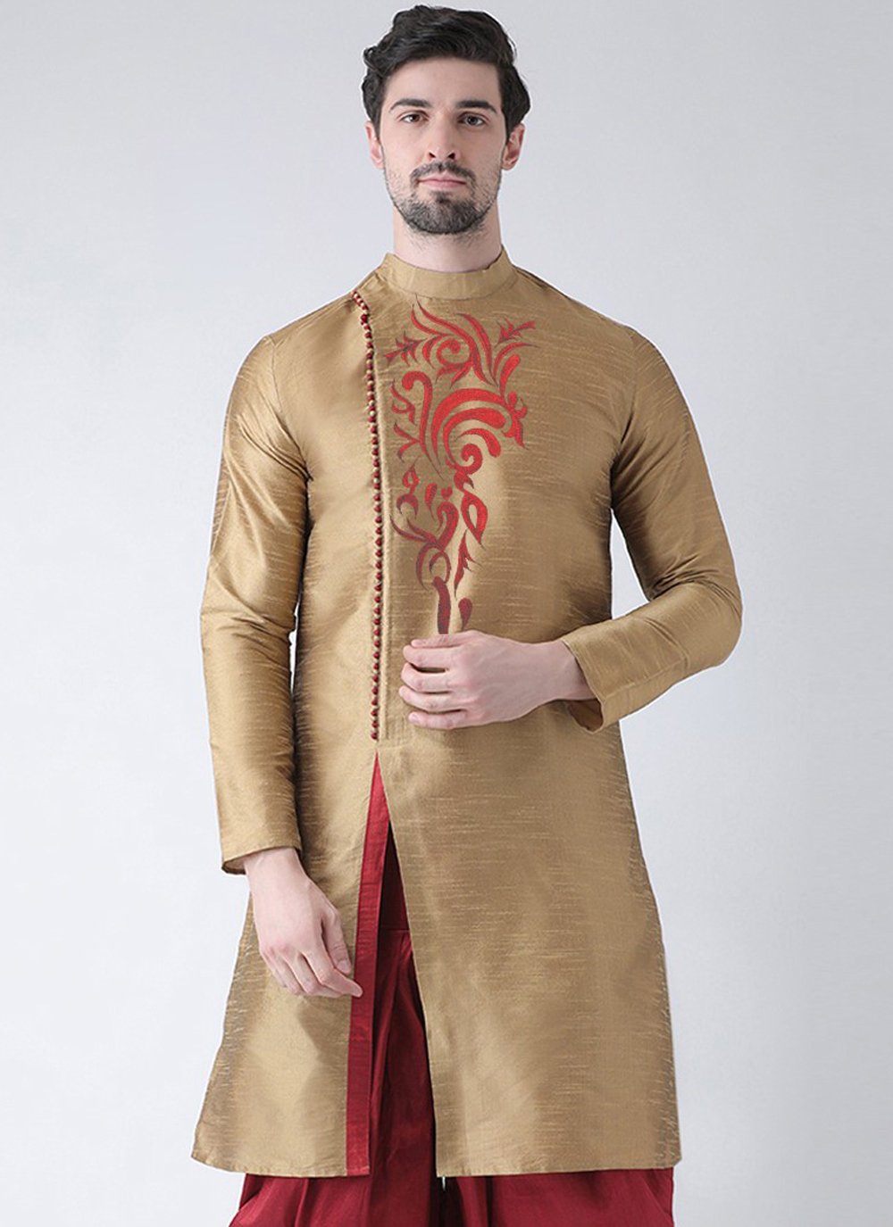 Angrakha Art Dupion Silk Beige Embroidered Mens