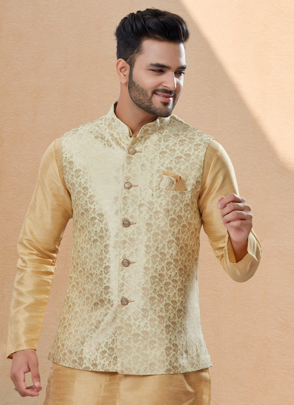Kurta Payjama With Jacket Banarasi Silk Dupion Silk Beige Jacquard Work Mens