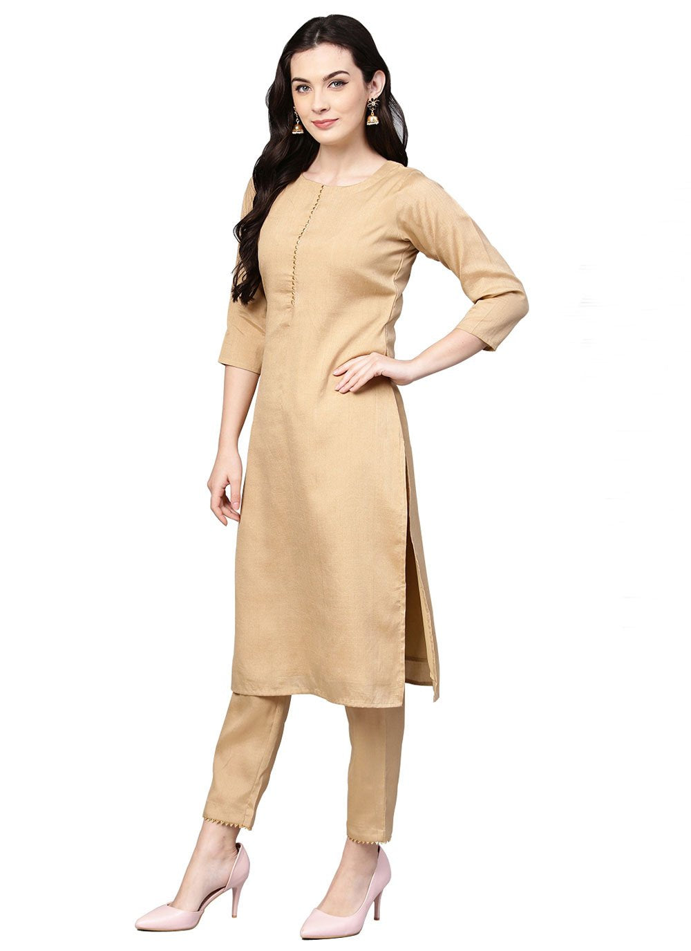 Salwar Suit Poly Silk Beige Plain Salwar Kameez