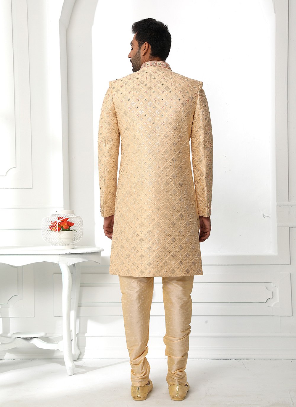 Sherwani Art Silk Beige Machine Embroidery Mens