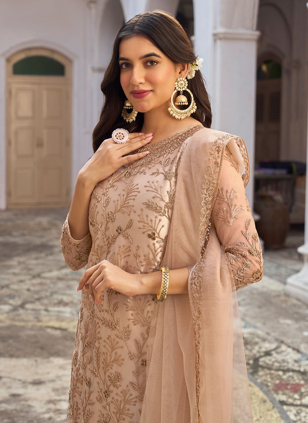 Palazzo Salwar Suit Net Beige Embroidered Salwar Kameez