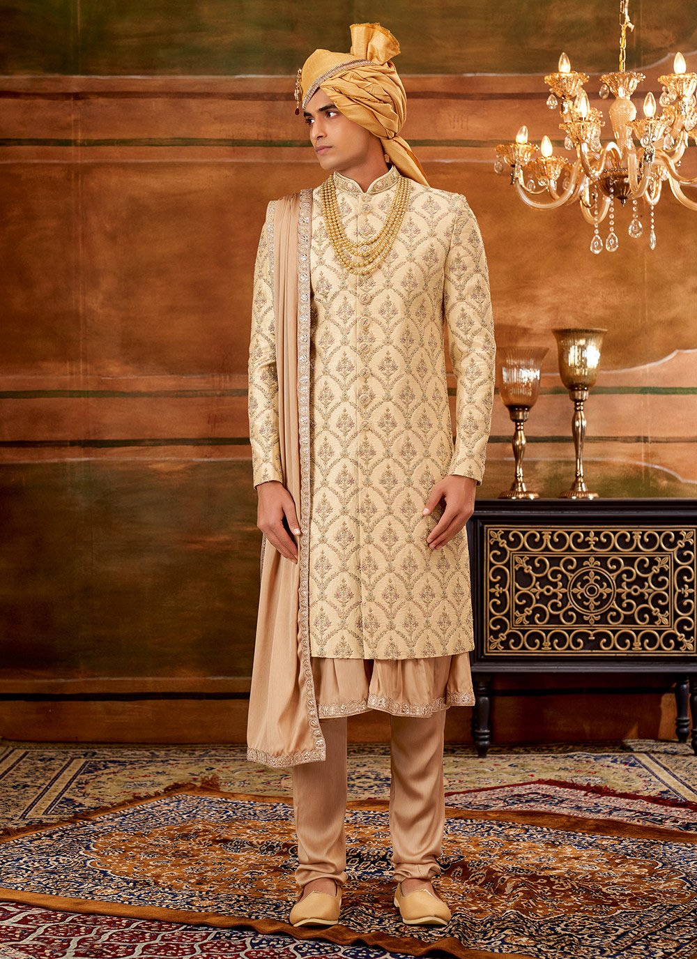 Sherwani Art Silk Beige Hand Work Mens