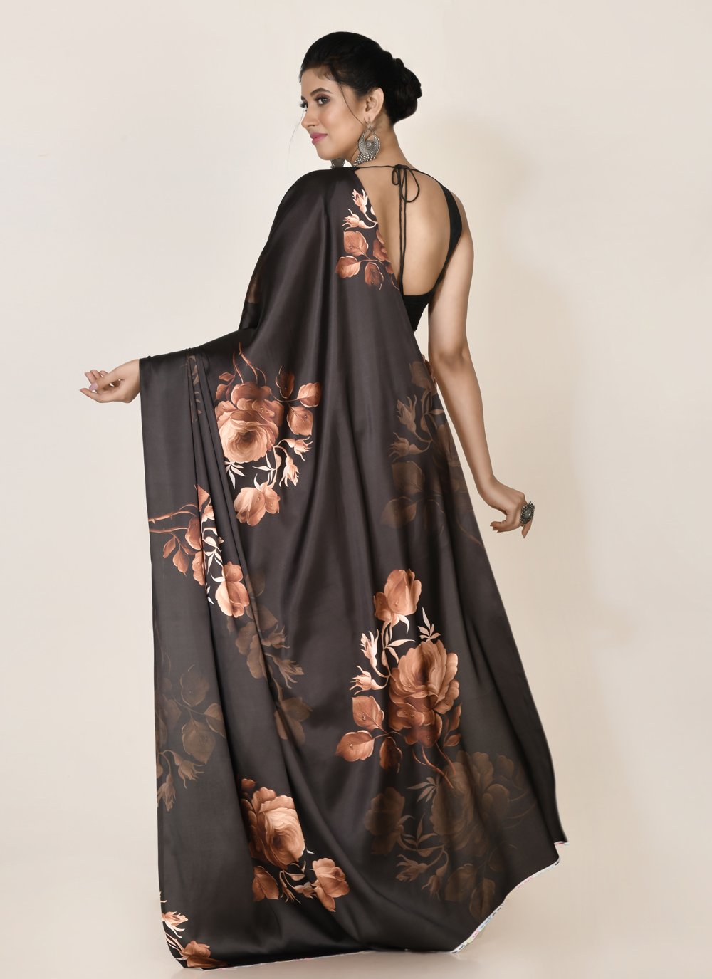 Shaded Saree Satin Black Brown Digital Print Saree