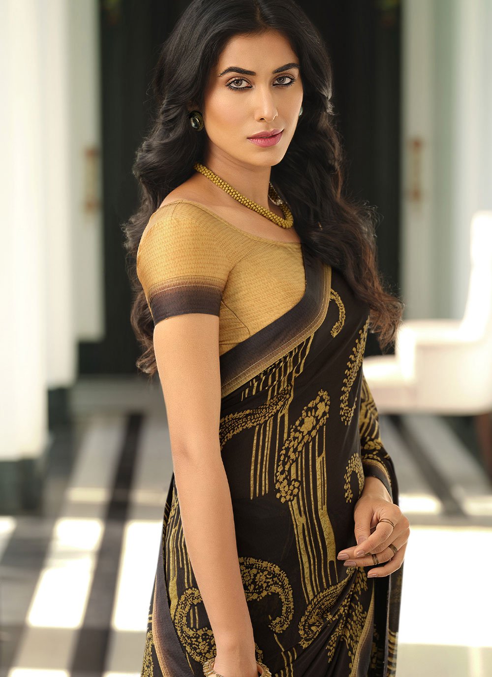 Trendy Saree Georgette Black Gold Lace Saree