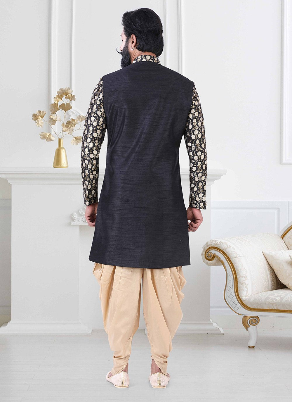Indo Western Jacquard Silk Black Gold Embroidered Mens