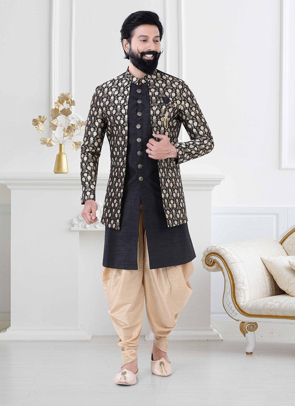 Indo Western Jacquard Silk Black Gold Embroidered Mens