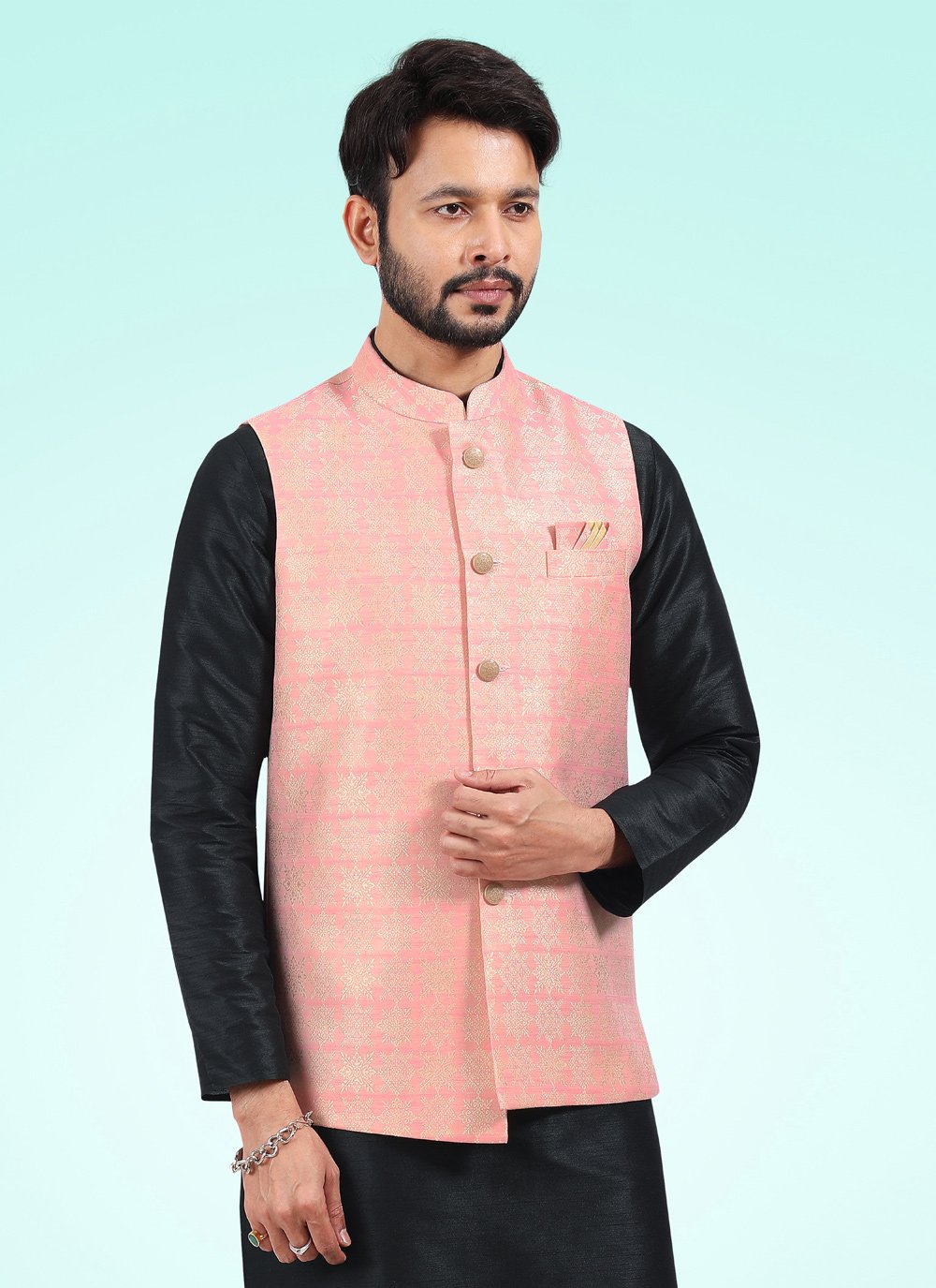 Kurta Payjama With Jacket Banarasi Jacquard Black Pink Fancy Work Mens