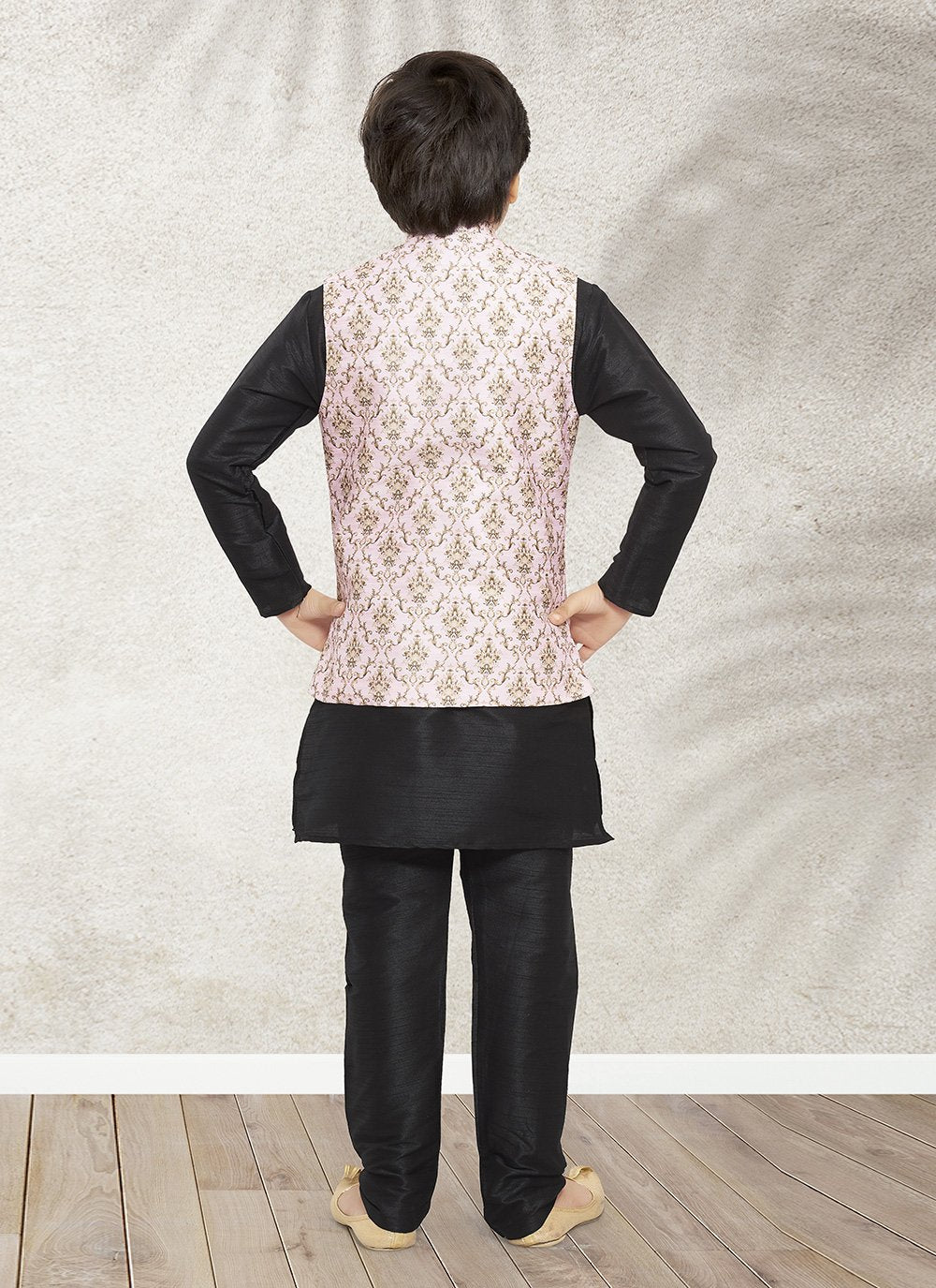 Kurta Payjama With Jacket Banarasi Silk Black Pink Print Kids