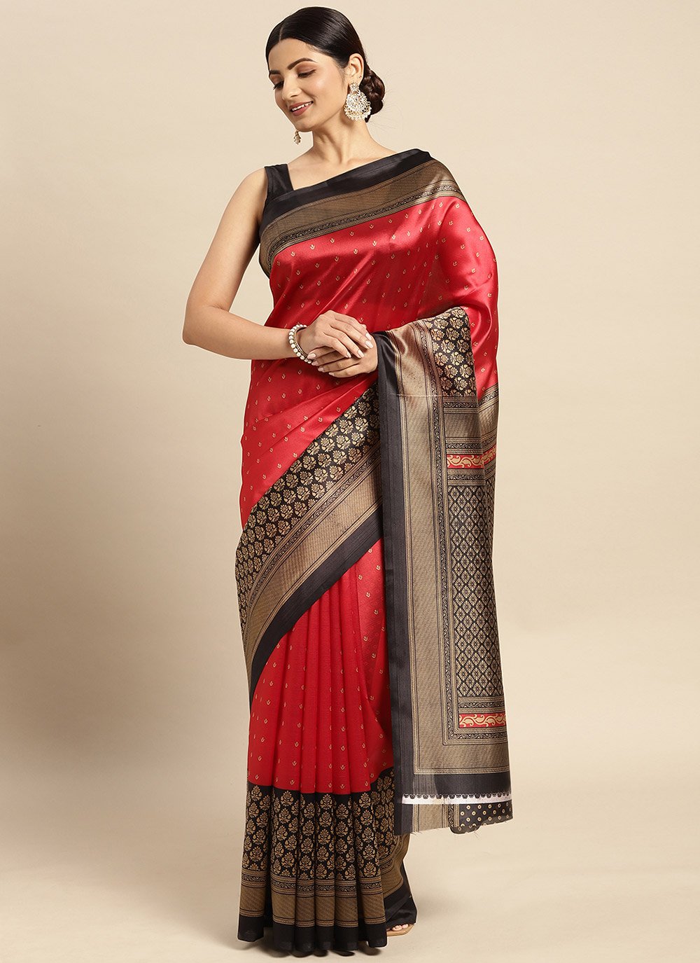 Casual Art Silk Black Red Print Saree