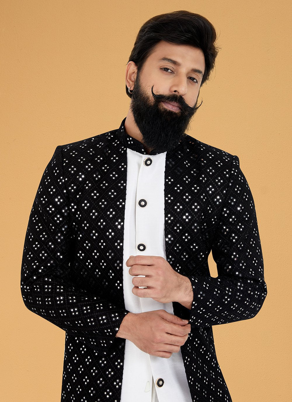 Indo Western Banarasi Silk Georgette Black White Embroidered Mens