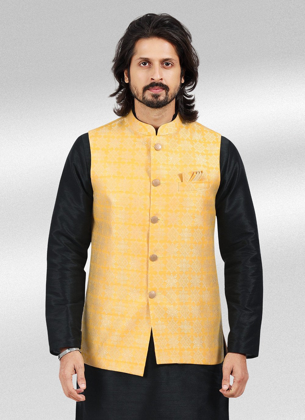 Kurta Payjama With Jacket Banarasi Jacquard Black Yellow Fancy Work Mens