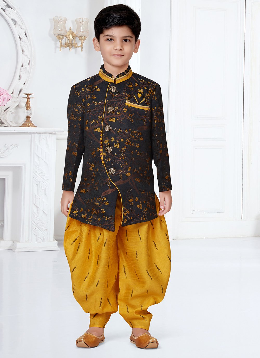 Indo Western Sherwani Jacquard Black Yellow Thread Kids Kajols Indian Pakistani Fashion Tailoring