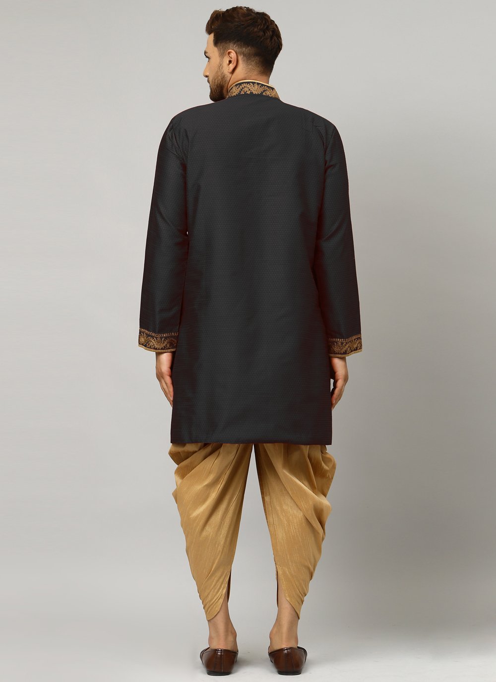 Angrakha Art Dupion Silk Black Embroidered Mens