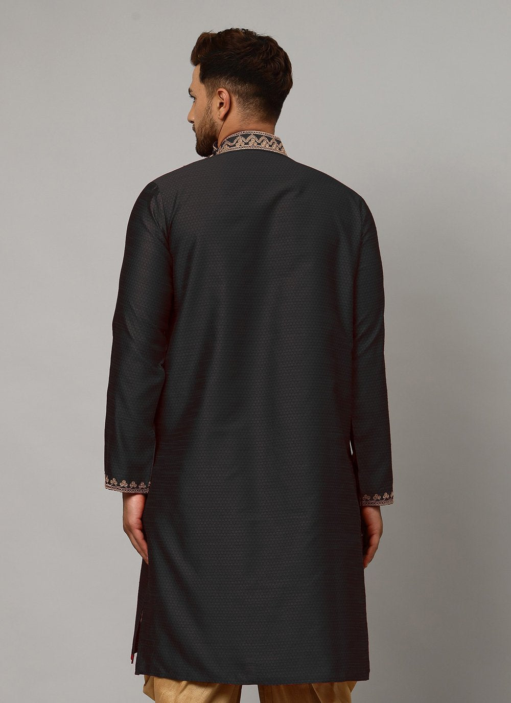 Angrakha Art Dupion Silk Black Aari Work Mens