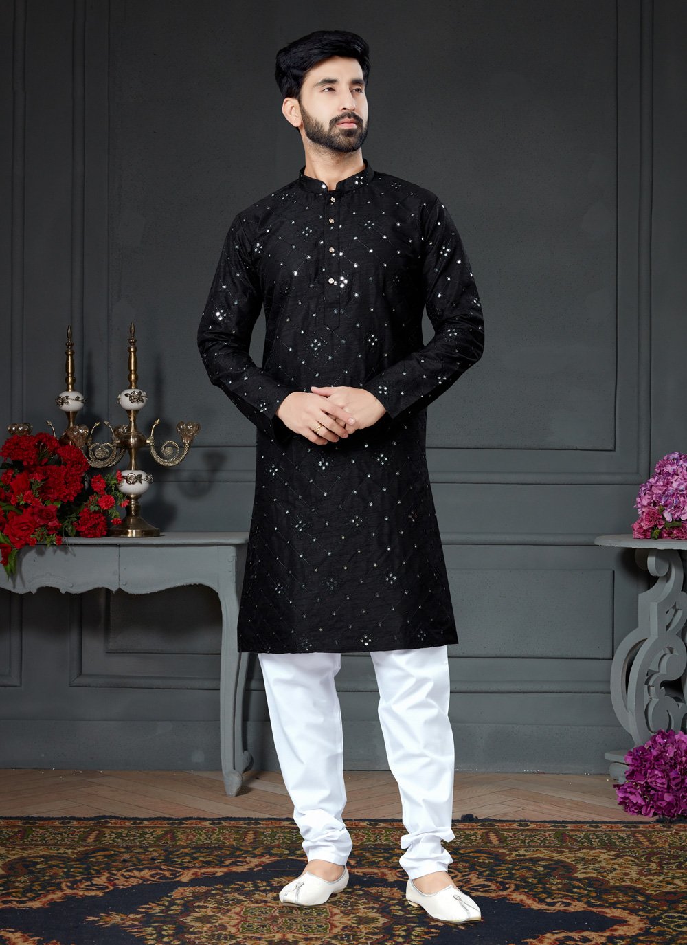 Kurta Pyjama Art Silk Cotton Black Embroidered Mens