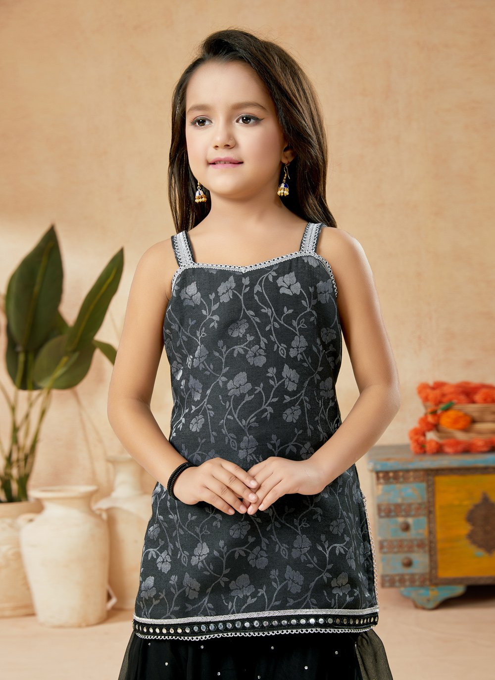 Sharara Set Art Silk Black Foil Print Kids