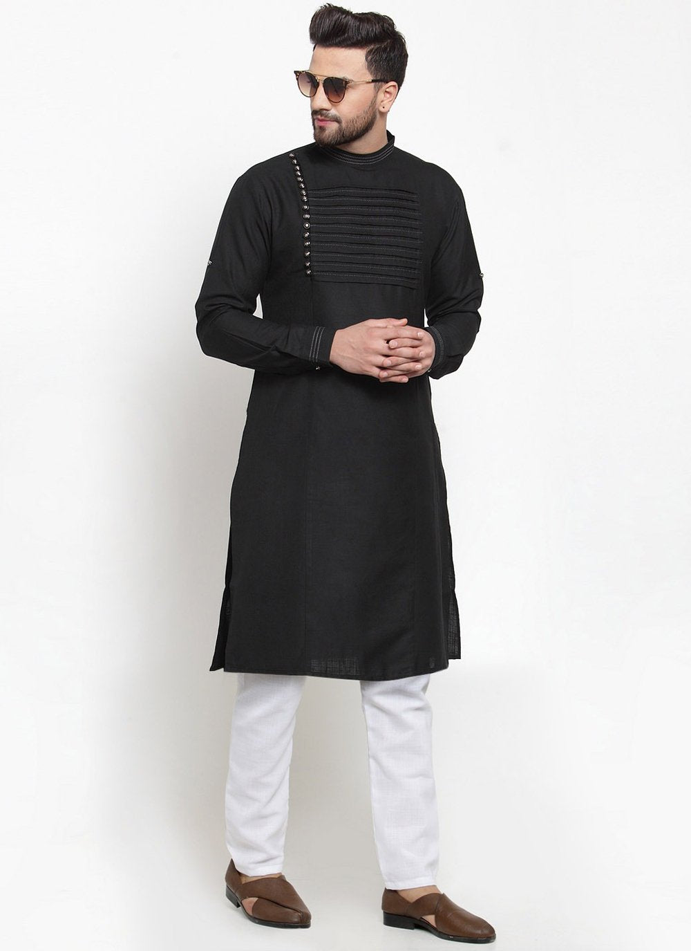 Kurta Blended Cotton Black Fancy Work Mens