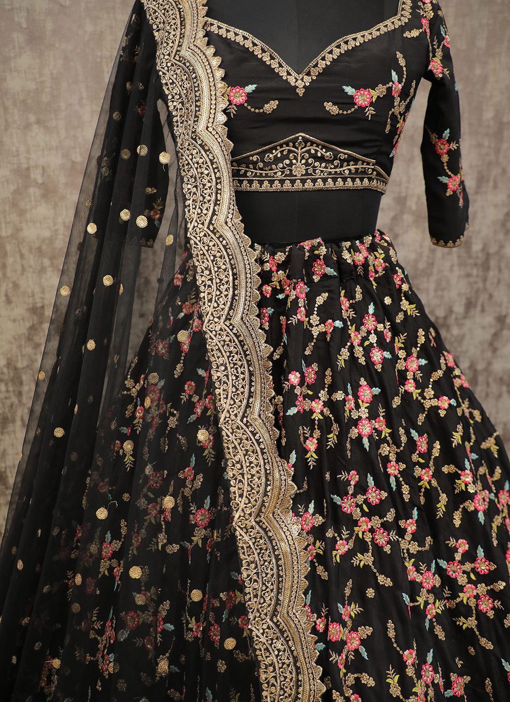 A Line Lehenga Silk Black Embroidered Lehenga Choli