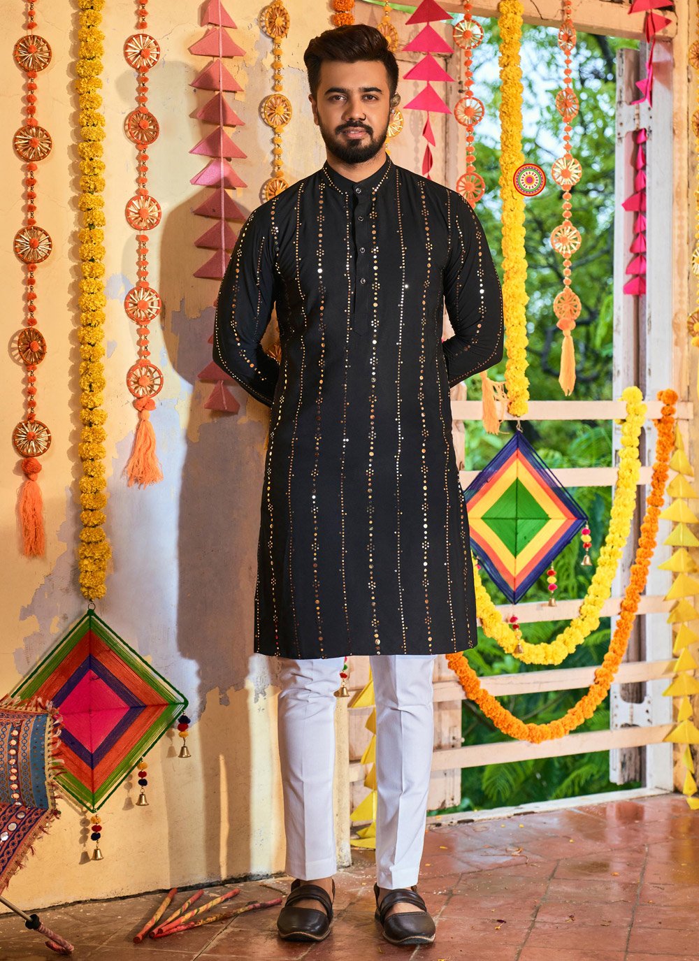 Kurta Pyjama Art Silk Black Embroidered Mens