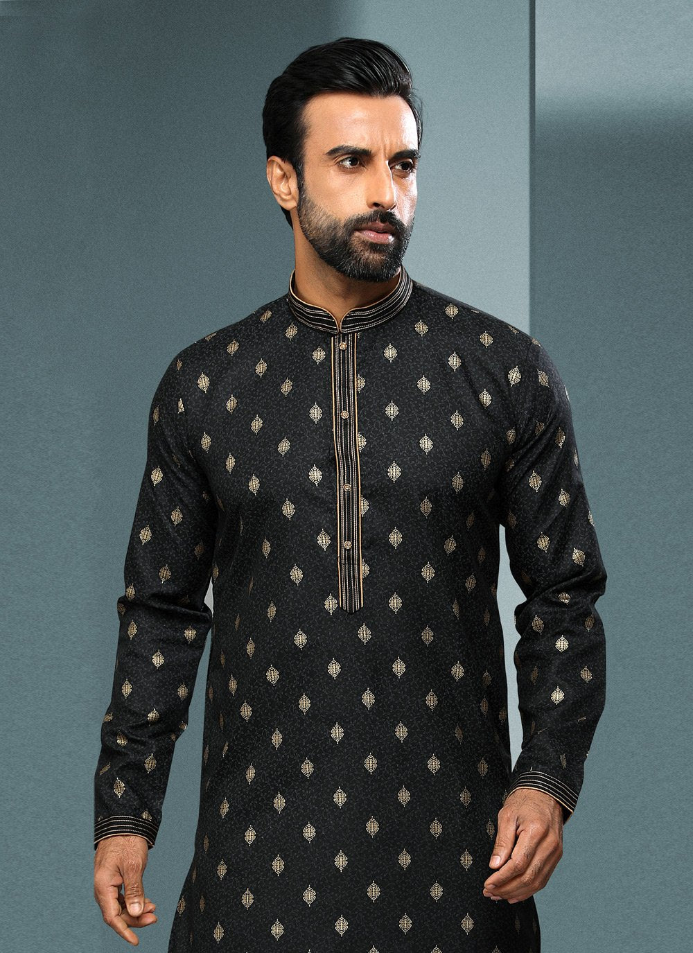 Dhoti Kurta Handloom Cotton Black Digital Print Mens
