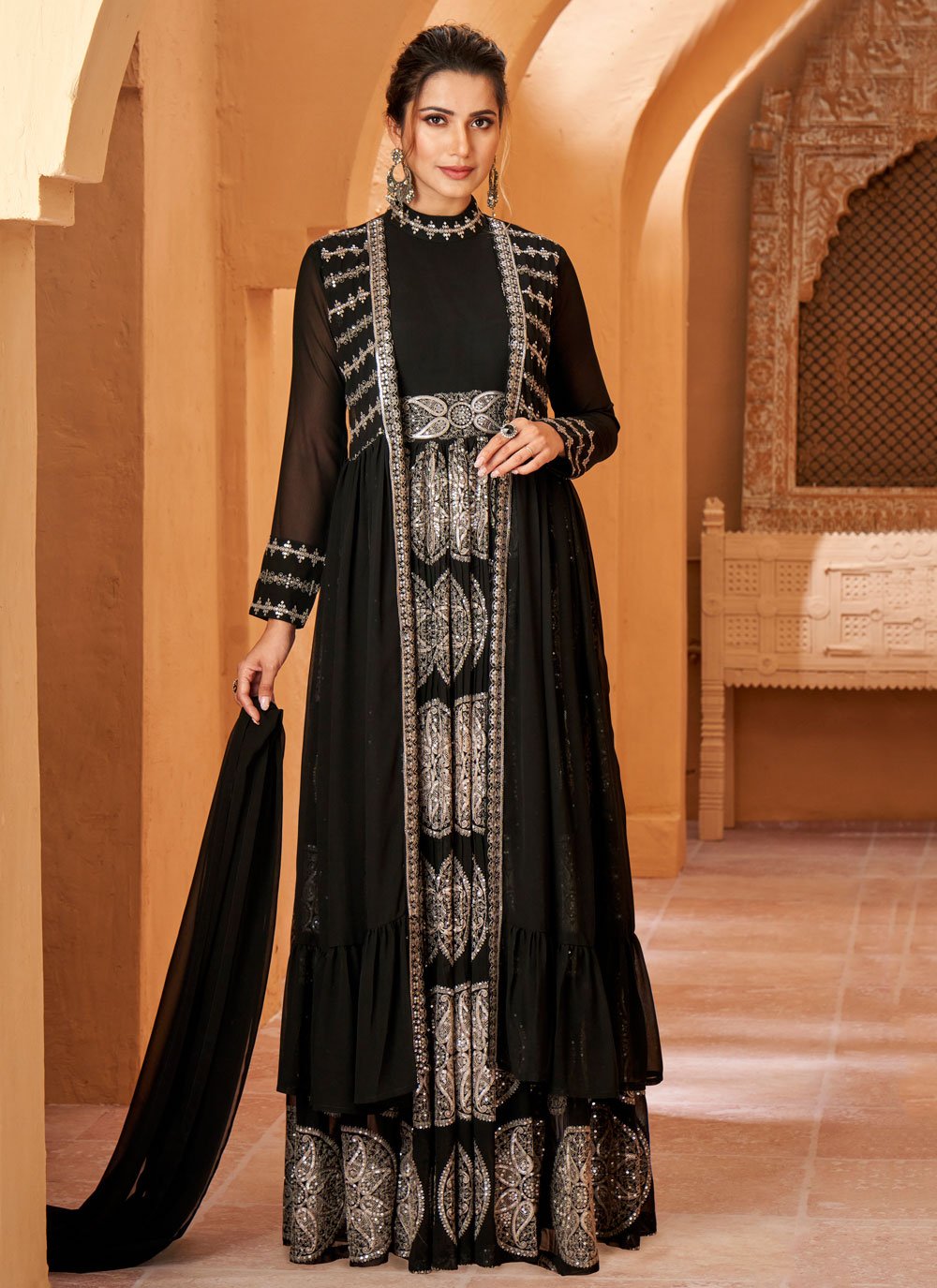 Designer Gown Georgette Black Embroidered Gown