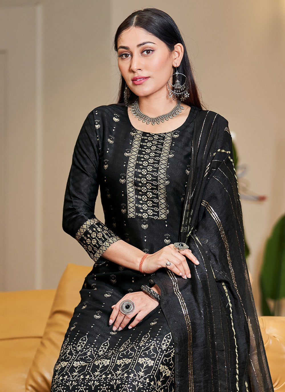 Salwar Suit Silk Black Foil Print Salwar Kameez