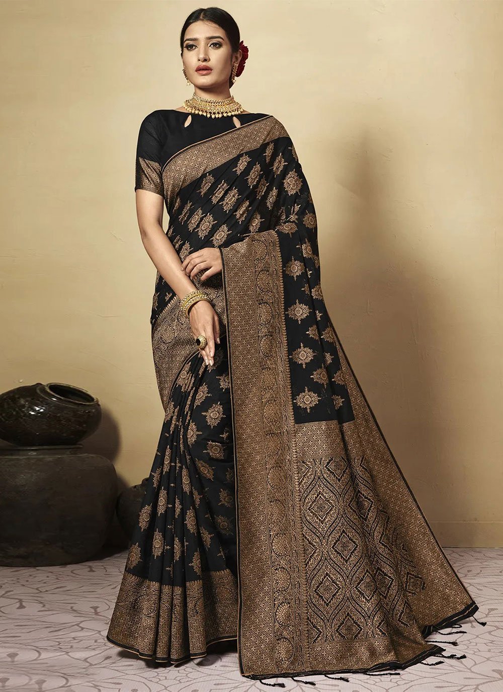 Classic Chanderi Cotton Black Weaving Saree