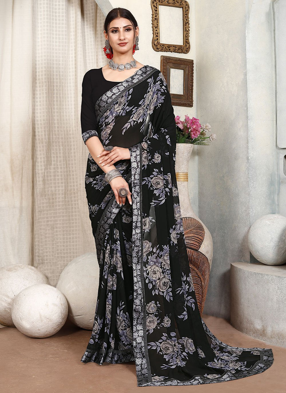 Classic Satin Black Lace Saree Kajols Indian Pakistani Fashion Tailoring