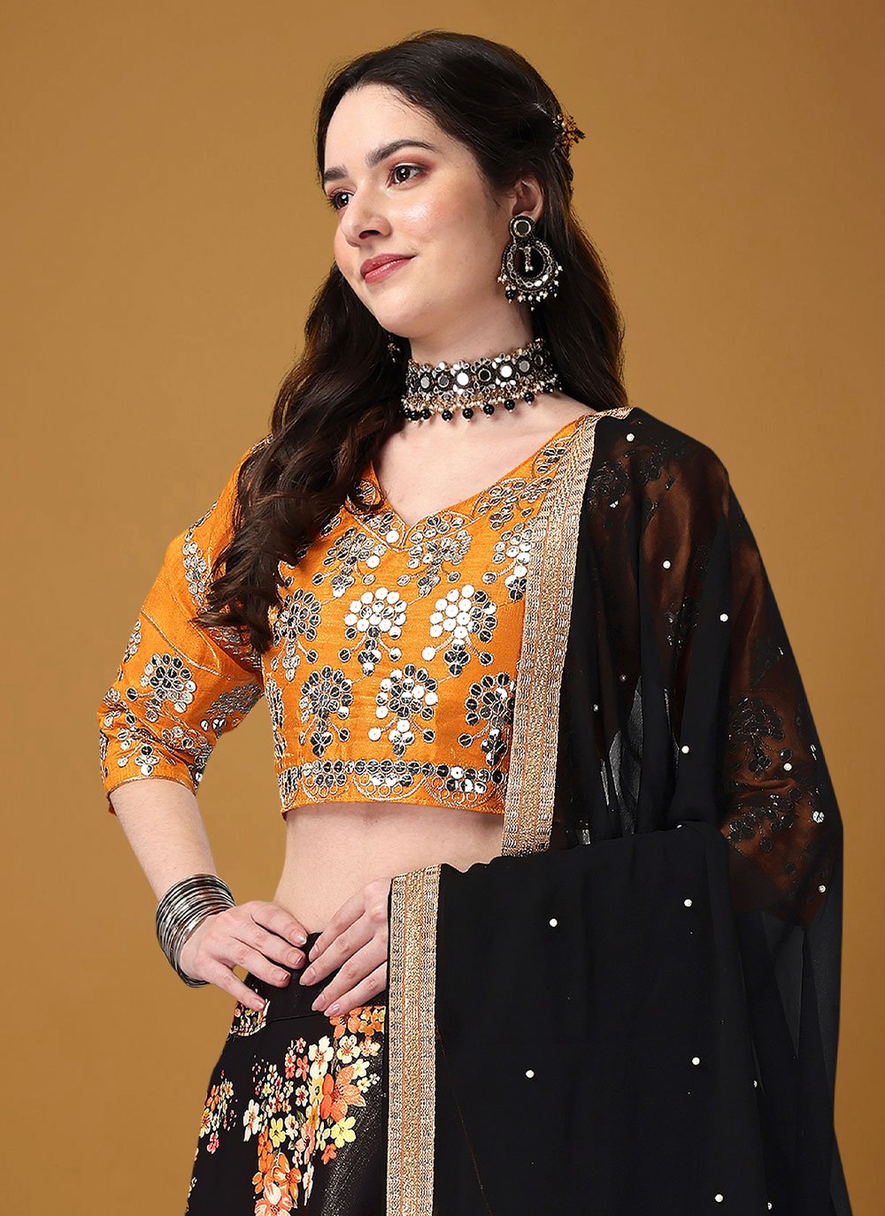 A Line Lehenga Satin Silk Black Embroidered Lehenga Choli