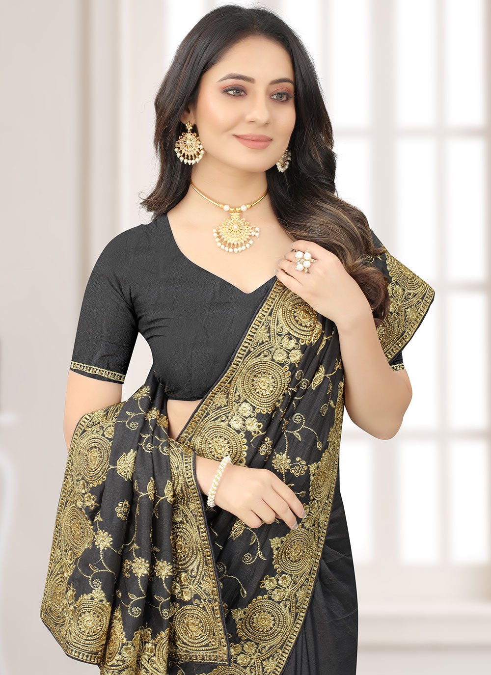 Classic Vichitra Silk Black Embroidered Saree