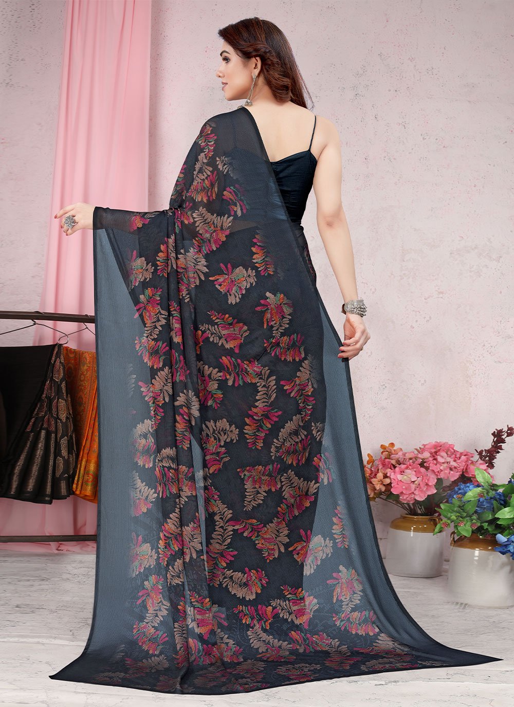 Classic Chiffon Black Floral Patch Saree