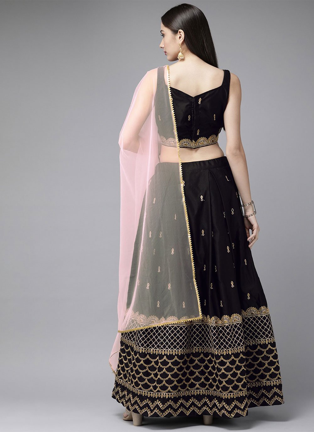 Lehenga Choli Satin Black Embroidered Lehenga Choli