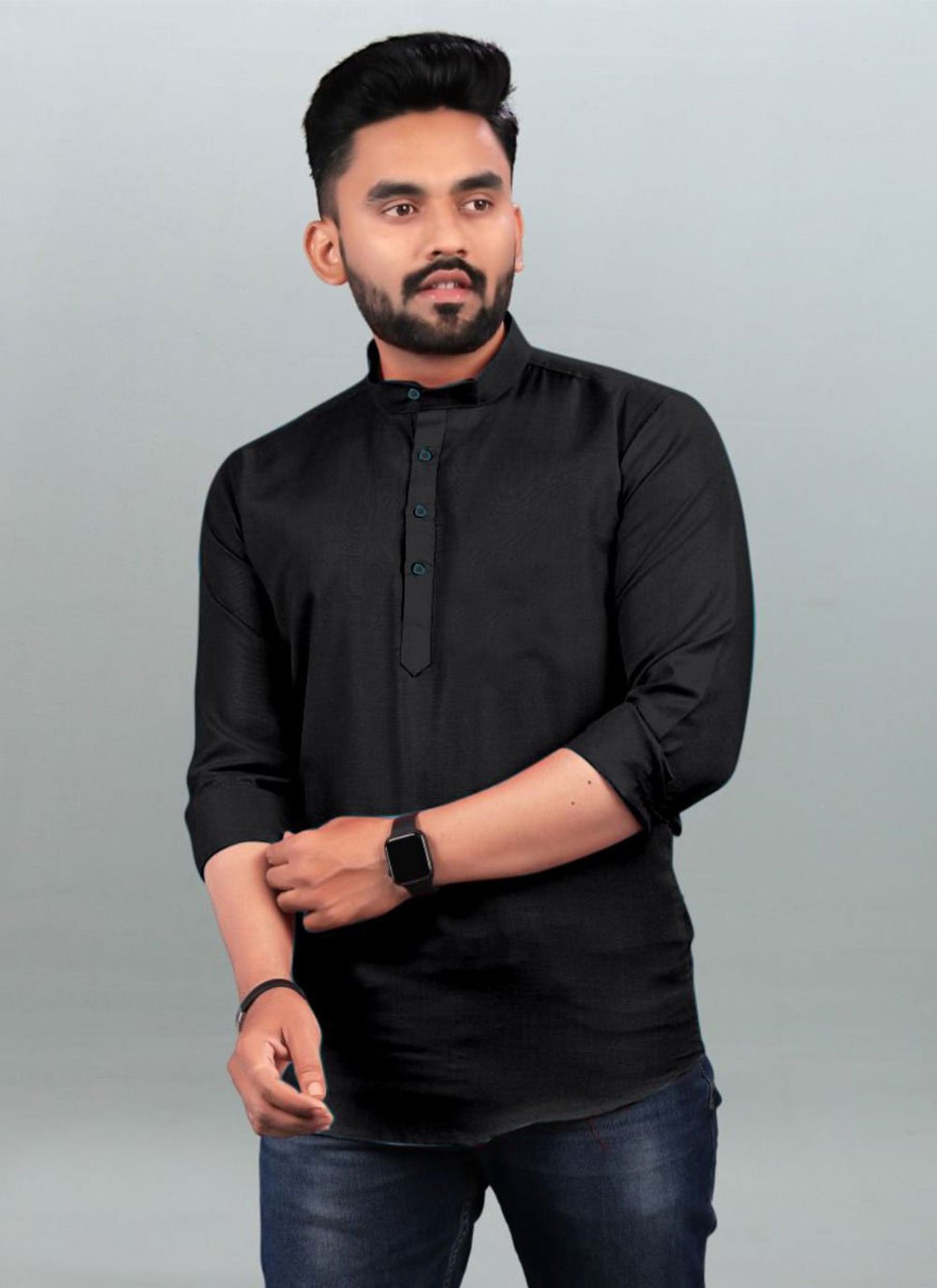 Short Kurta Cotton Black Plain Mens