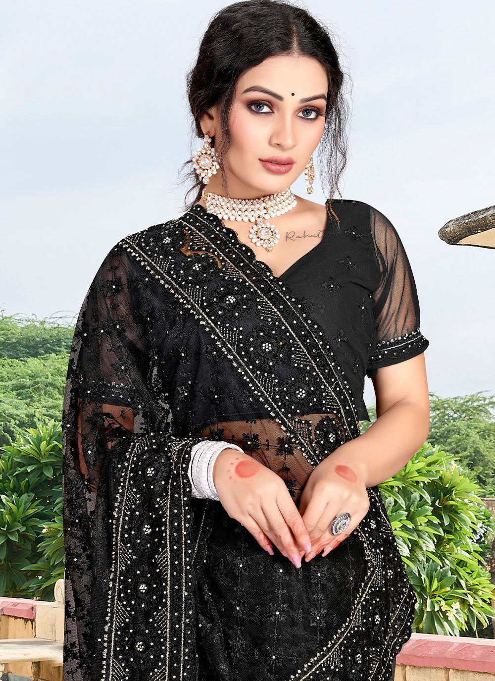 Classic Net Black Diamond Saree