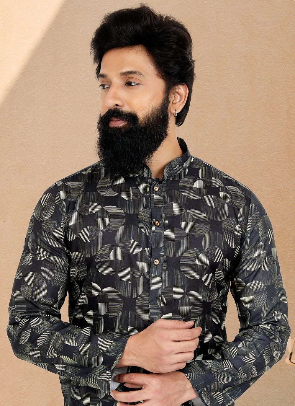 Kurta Pyjama Cotton Black Digital Print Mens