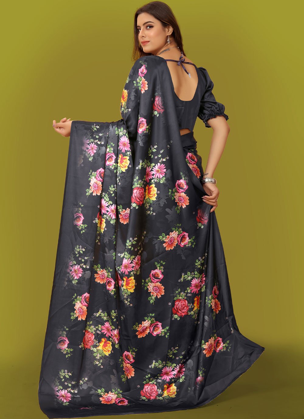 Contemporary Satin Black Digital Print Saree