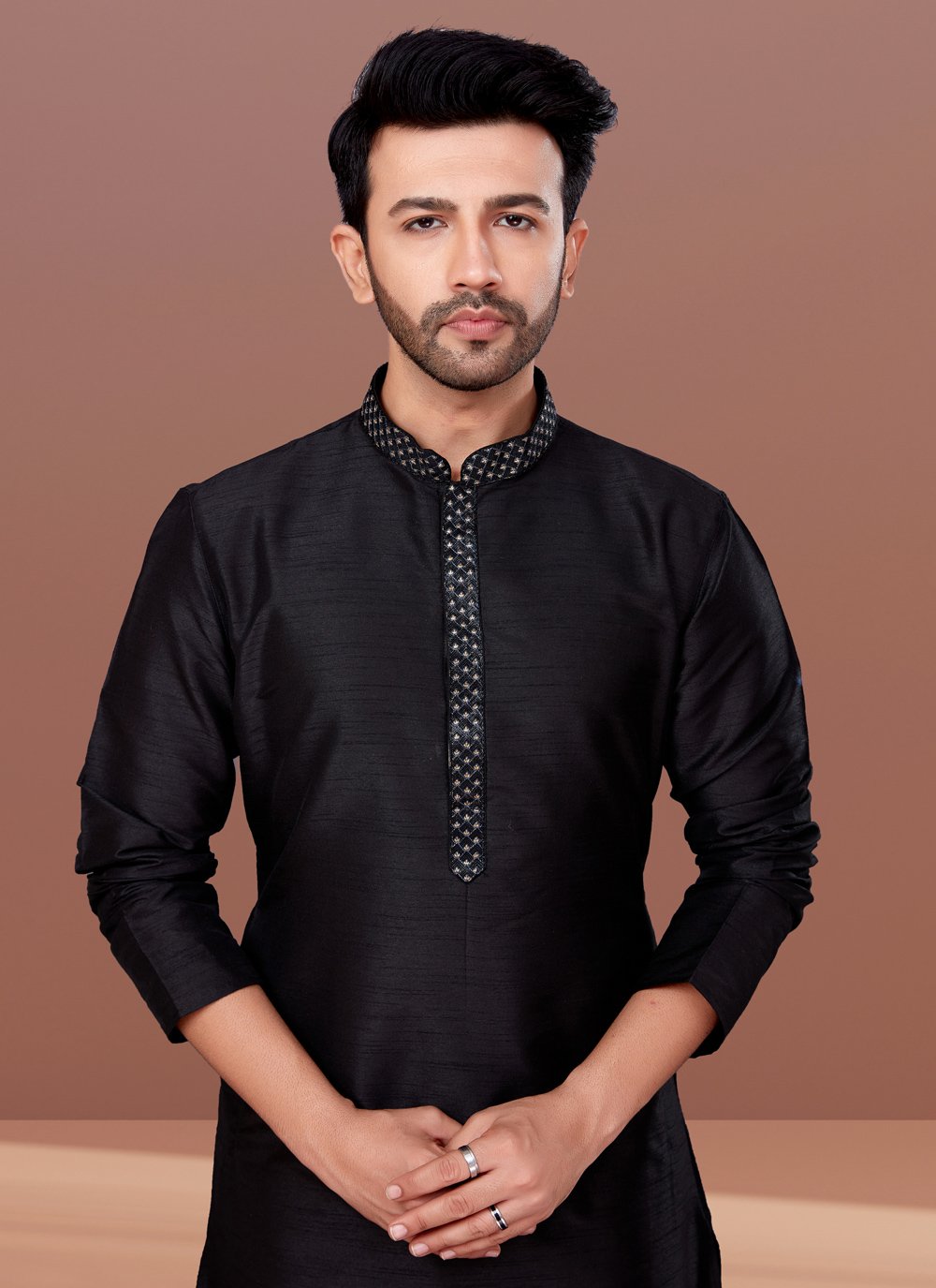 Kurta Pyjama Dupion Silk Black Embroidered Mens